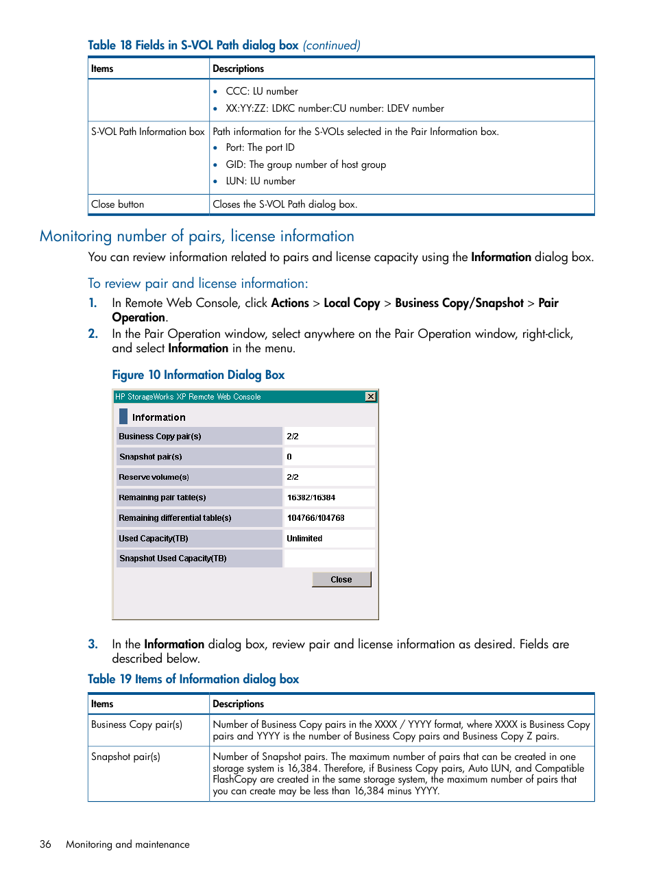 Monitoring number of pairs, license information | HP XP RAID Manager Software User Manual | Page 36 / 98