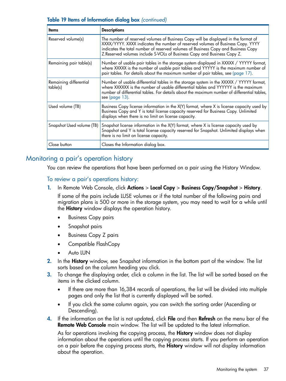 Monitoring a pair’s operation history | HP XP RAID Manager Software User Manual | Page 37 / 98
