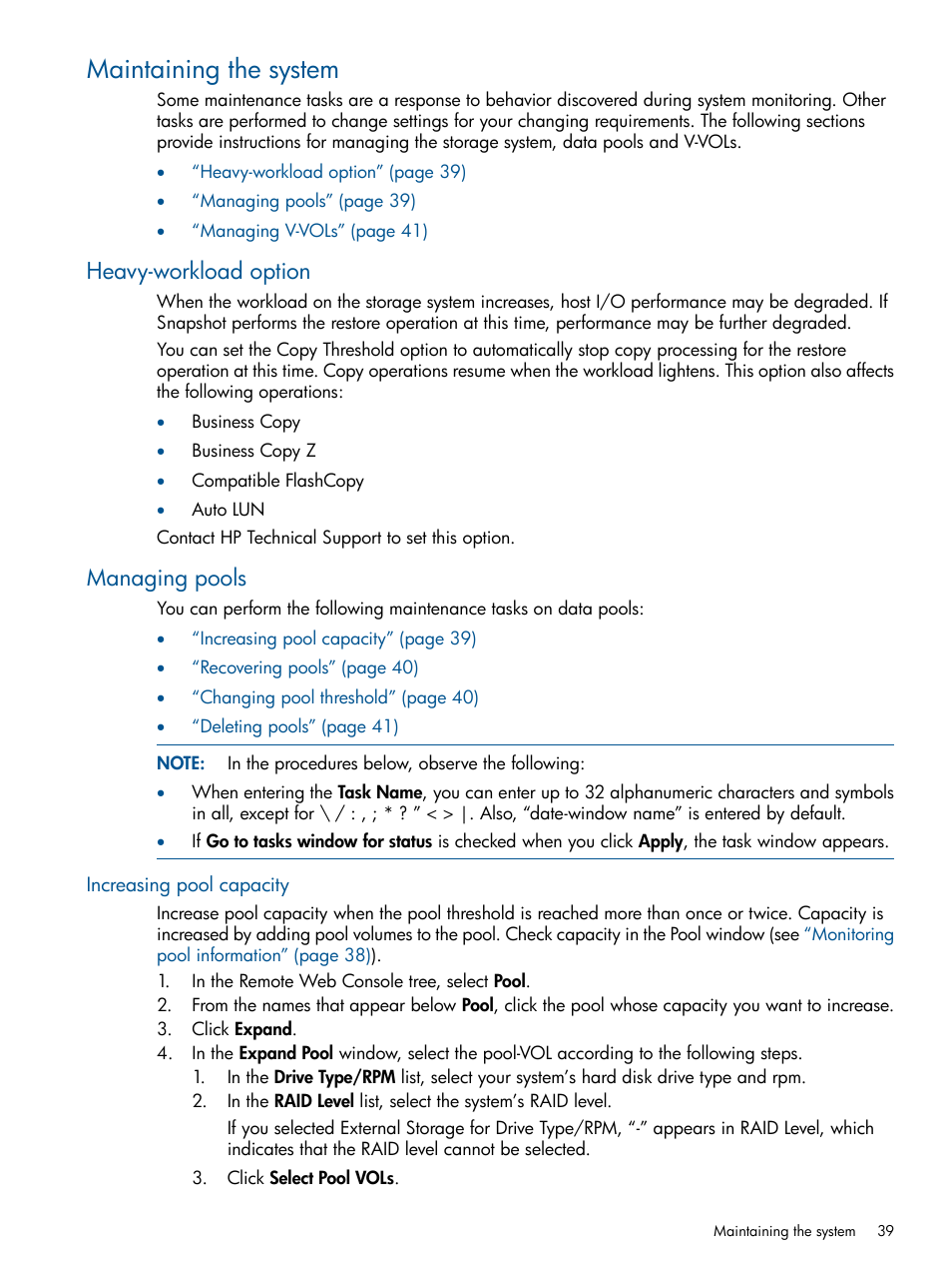Maintaining the system, Heavy-workload option, Managing pools | Increasing pool capacity, Heavy-workload option managing pools | HP XP RAID Manager Software User Manual | Page 39 / 98