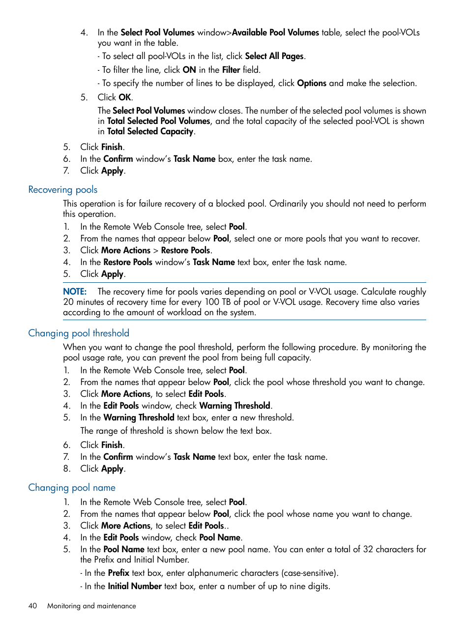 Recovering pools, Changing pool threshold, Changing pool name | HP XP RAID Manager Software User Manual | Page 40 / 98