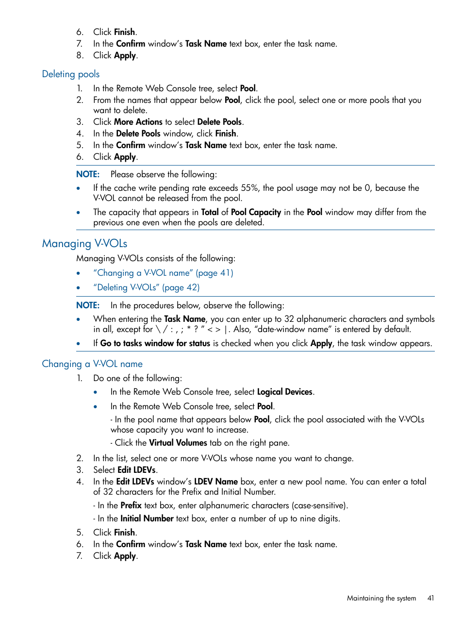 Deleting pools, Managing v-vols, Changing a v-vol name | HP XP RAID Manager Software User Manual | Page 41 / 98