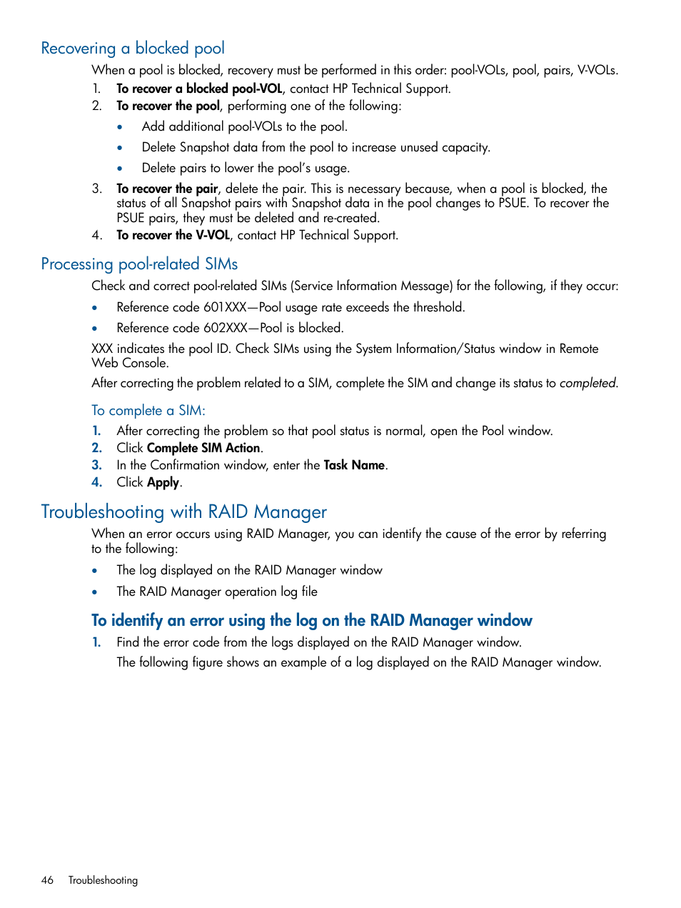 Recovering a blocked pool, Processing pool-related sims, Troubleshooting with raid manager | Processing pool-related | HP XP RAID Manager Software User Manual | Page 46 / 98