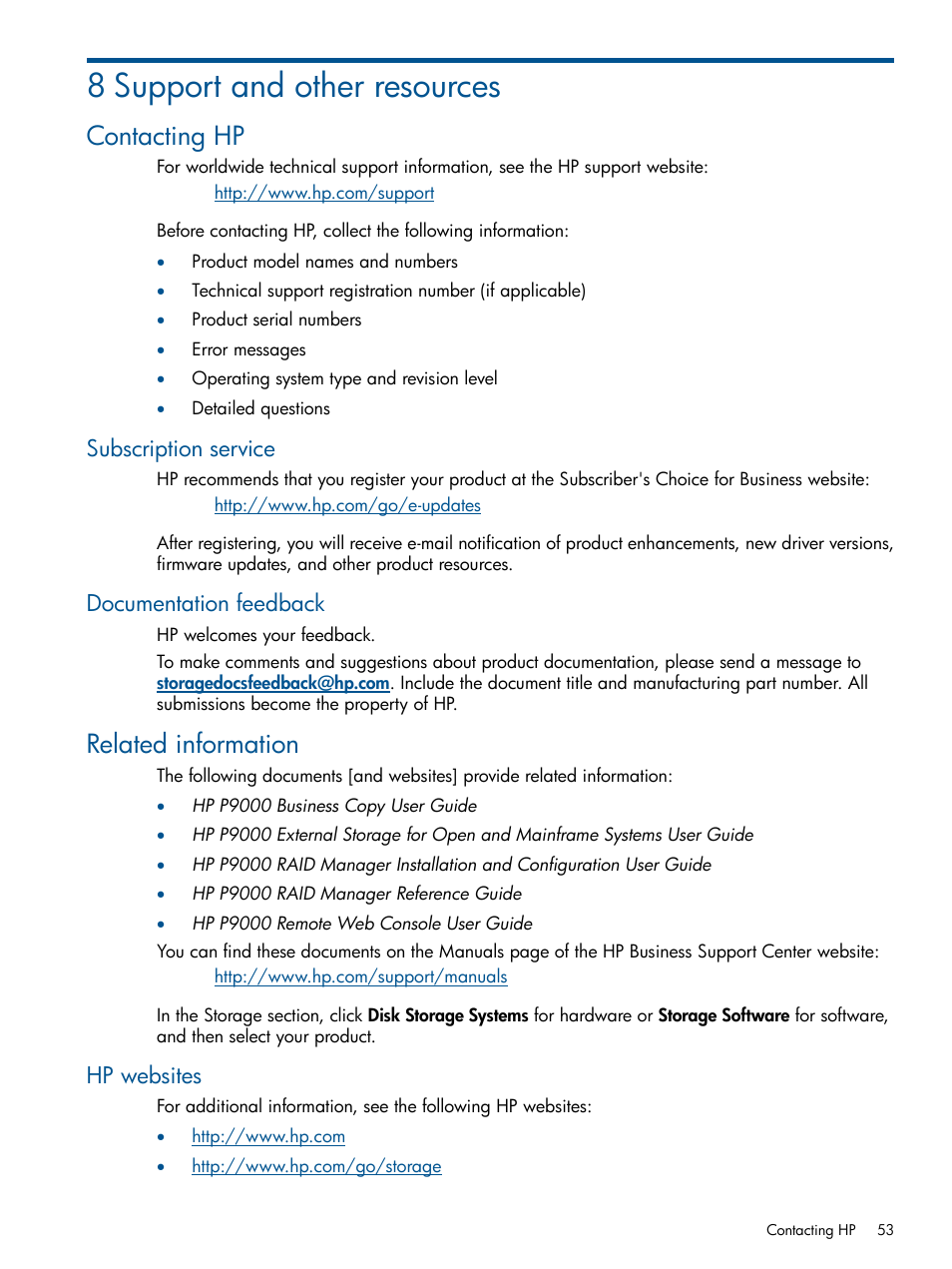 8 support and other resources, Contacting hp, Subscription service | Documentation feedback, Related information, Hp websites, Subscription service documentation feedback | HP XP RAID Manager Software User Manual | Page 53 / 98