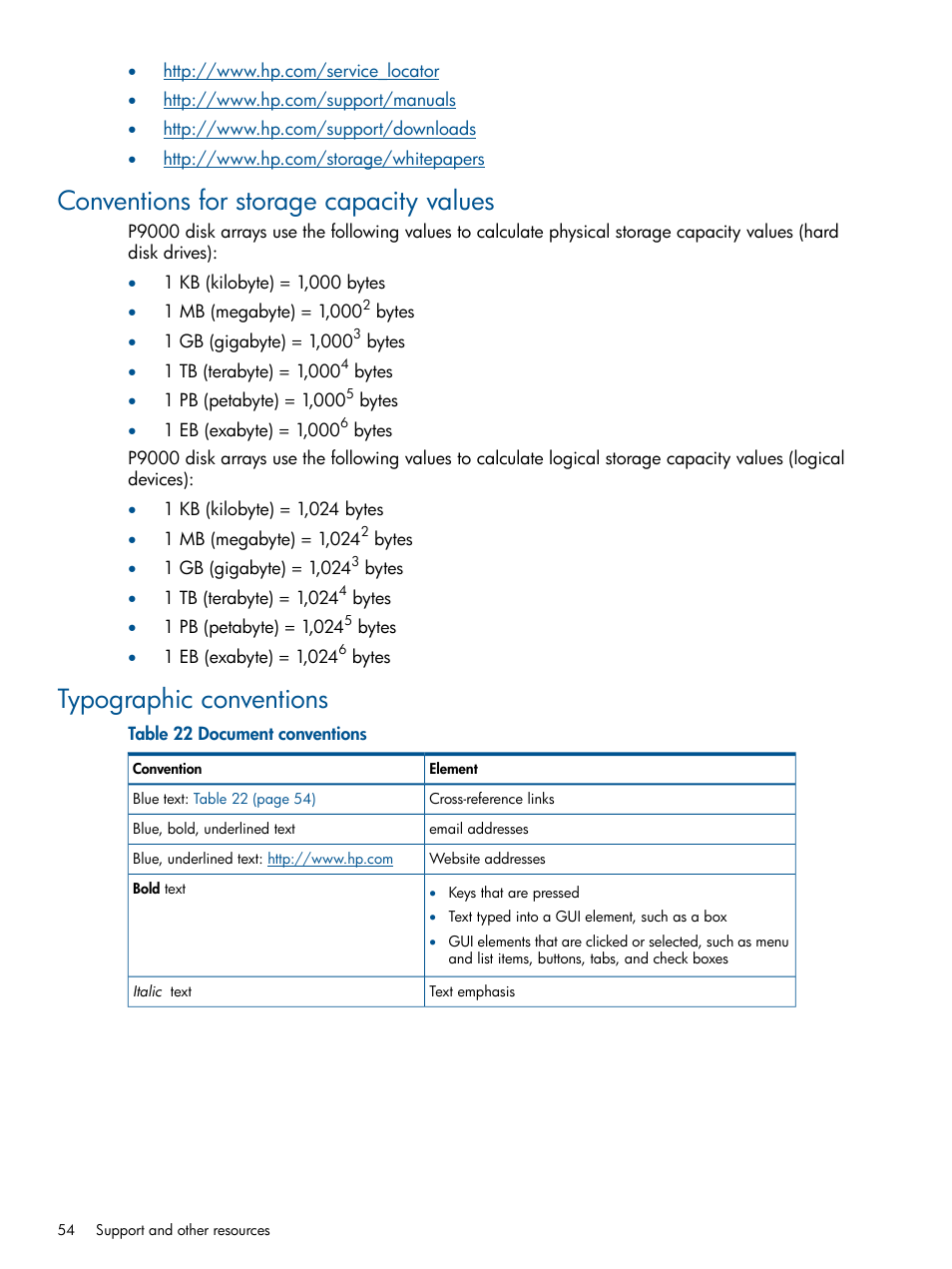 Conventions for storage capacity values, Typographic conventions | HP XP RAID Manager Software User Manual | Page 54 / 98