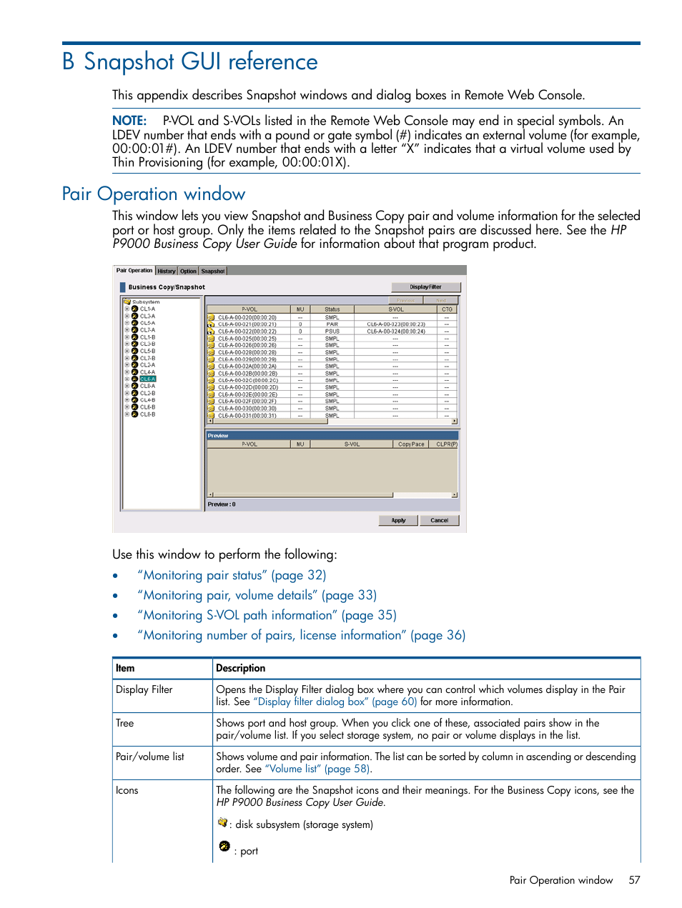 B snapshot gui reference, Pair operation window | HP XP RAID Manager Software User Manual | Page 57 / 98