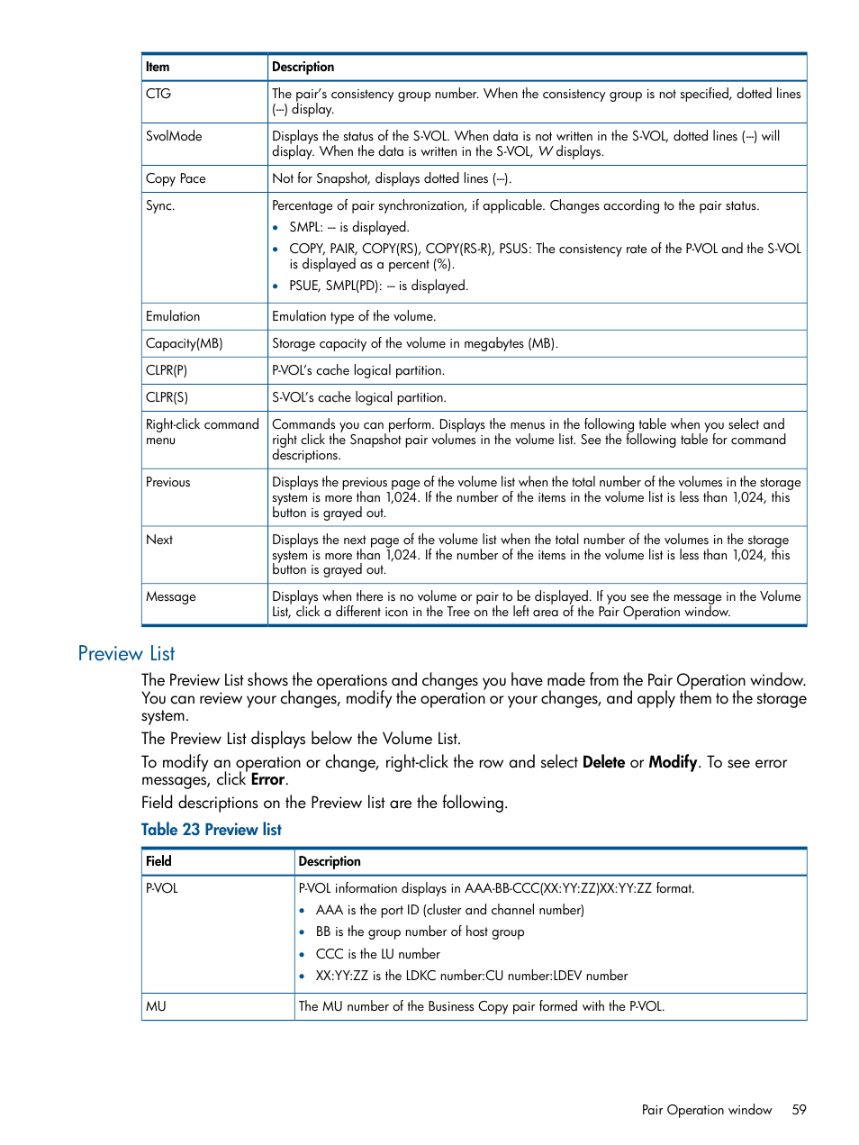 Preview list | HP XP RAID Manager Software User Manual | Page 59 / 98