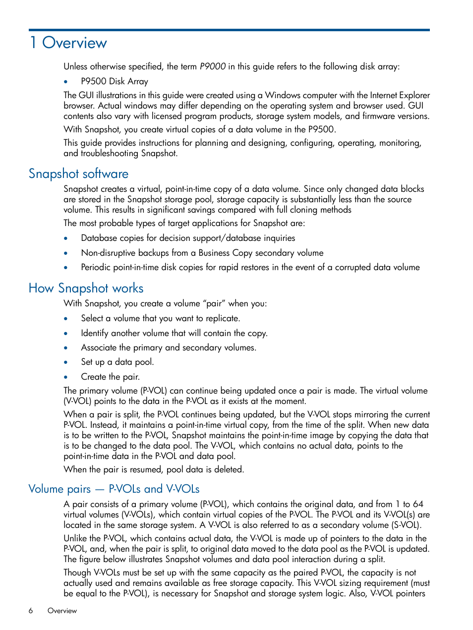 1 overview, Snapshot software, How snapshot works | Volume pairs — p-vols and v-vols, Snapshot software how snapshot works | HP XP RAID Manager Software User Manual | Page 6 / 98