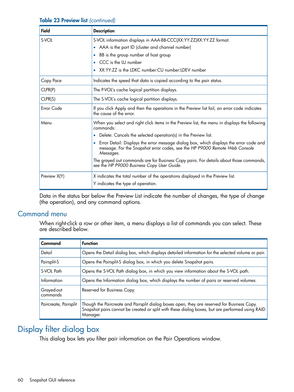 Command menu, Display filter dialog box | HP XP RAID Manager Software User Manual | Page 60 / 98