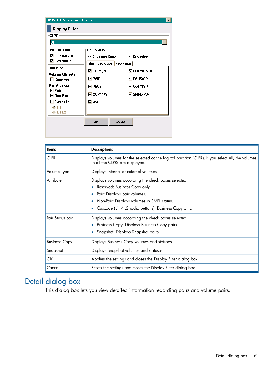 Detail dialog box | HP XP RAID Manager Software User Manual | Page 61 / 98