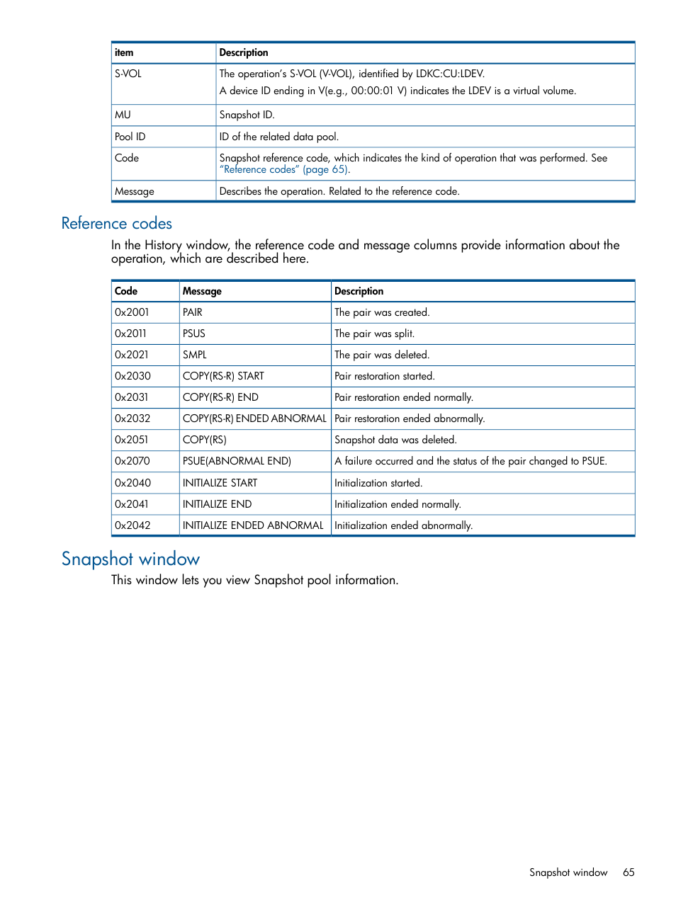 Reference codes, Snapshot window | HP XP RAID Manager Software User Manual | Page 65 / 98