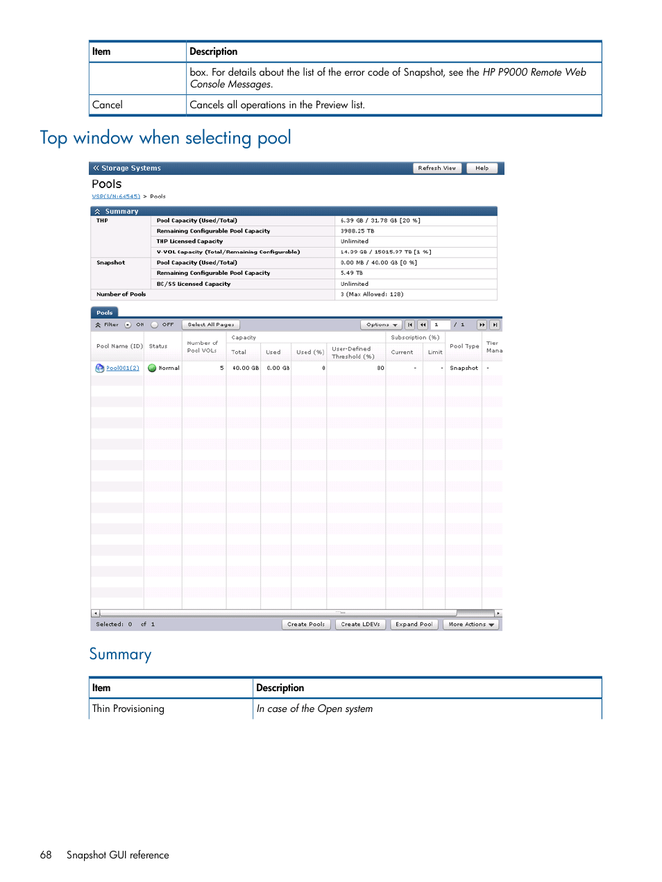 Top window when selecting pool, Summary | HP XP RAID Manager Software User Manual | Page 68 / 98