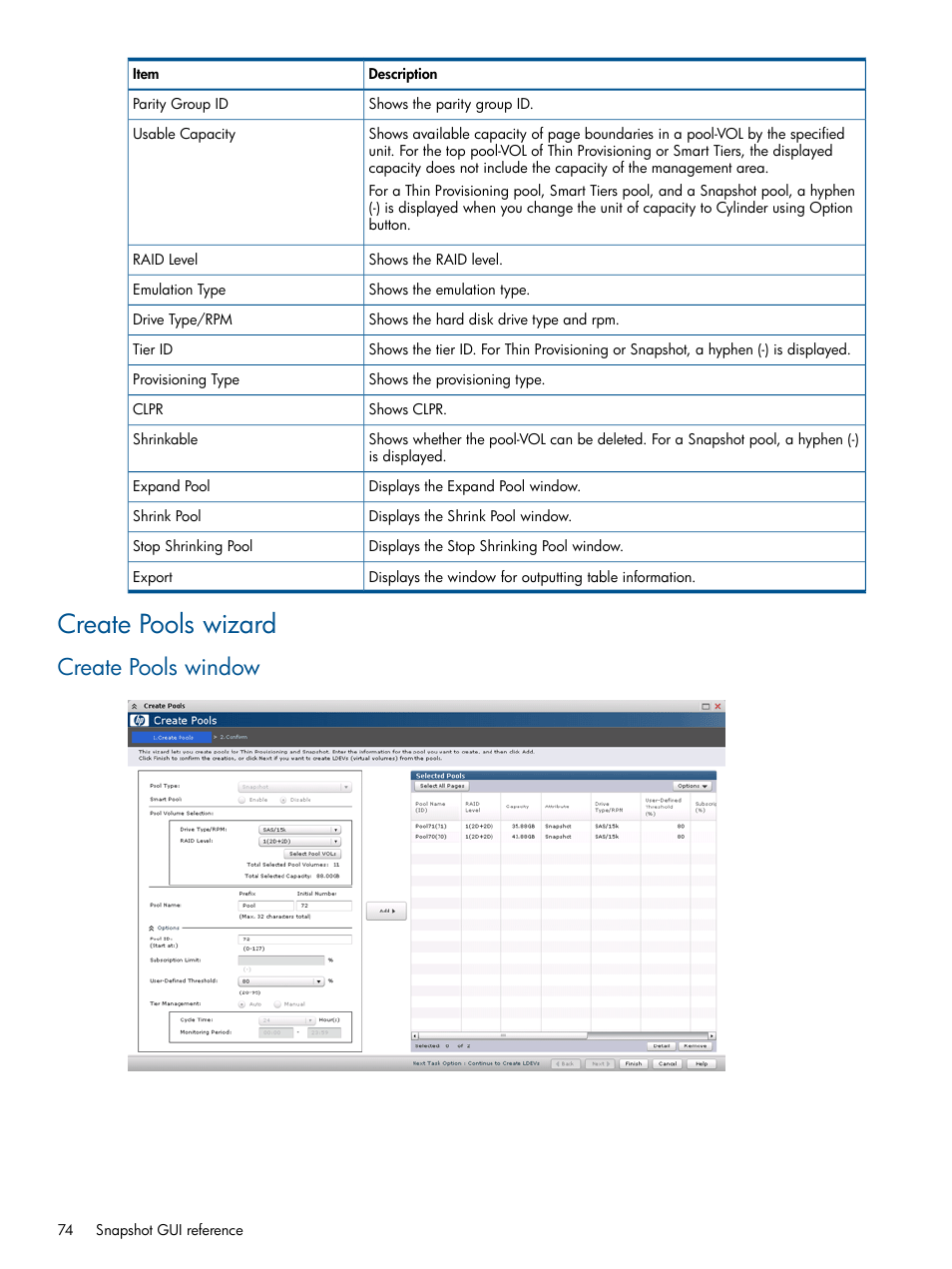 Create pools wizard, Create pools window | HP XP RAID Manager Software User Manual | Page 74 / 98