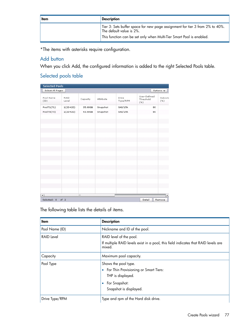 Add button, Selected pools table | HP XP RAID Manager Software User Manual | Page 77 / 98