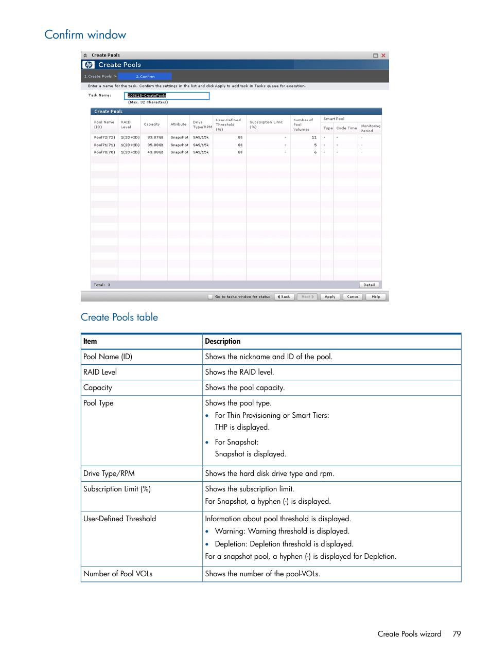 Confirm window, Create pools table | HP XP RAID Manager Software User Manual | Page 79 / 98