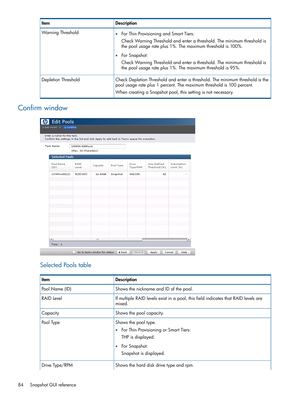 Confirm window, Selected pools table | HP XP RAID Manager Software User Manual | Page 84 / 98