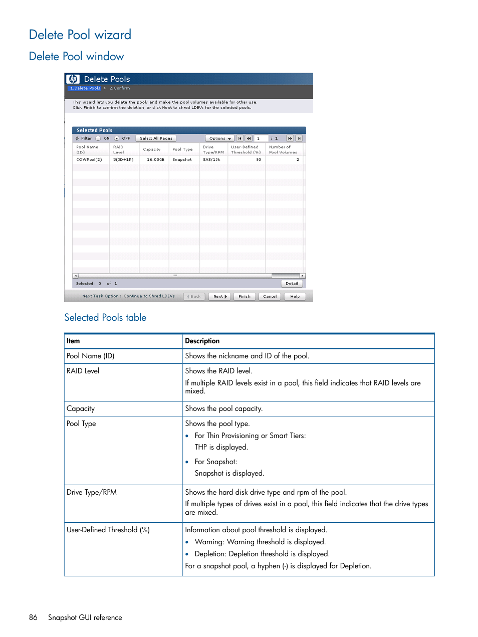 Delete pool wizard, Delete pool window, Selected pools table | HP XP RAID Manager Software User Manual | Page 86 / 98