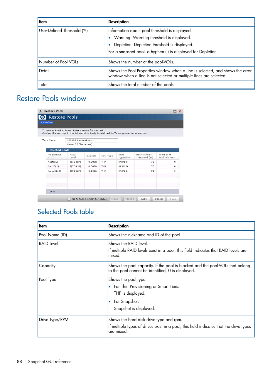 Restore pools window, Selected pools table | HP XP RAID Manager Software User Manual | Page 88 / 98