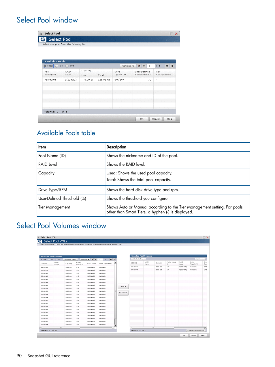 Select pool window, Select pool volumes window, Select pool window select pool volumes window | Available pools table | HP XP RAID Manager Software User Manual | Page 90 / 98