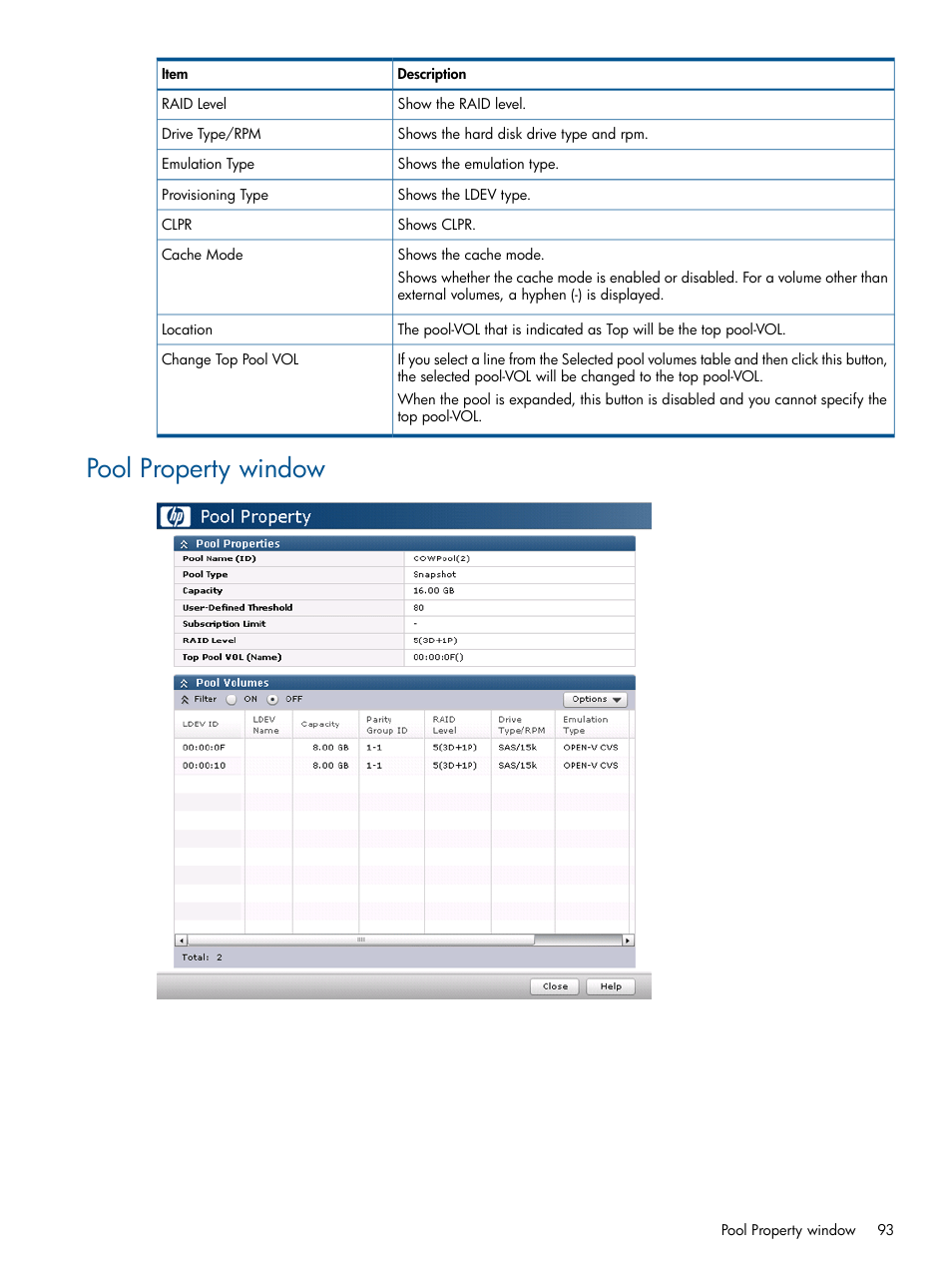 Pool property window | HP XP RAID Manager Software User Manual | Page 93 / 98