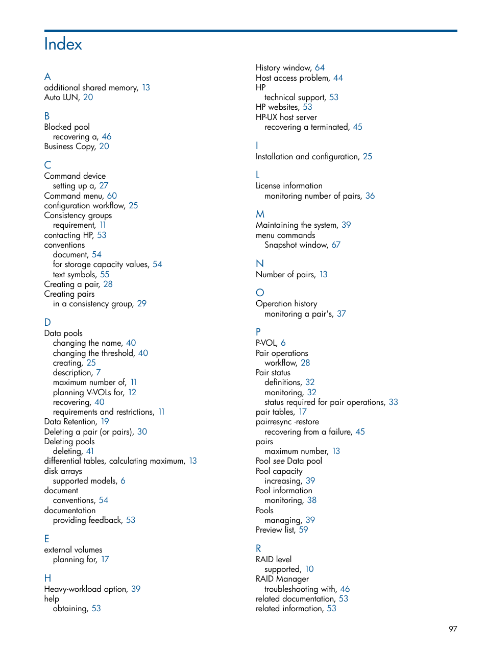 Index | HP XP RAID Manager Software User Manual | Page 97 / 98
