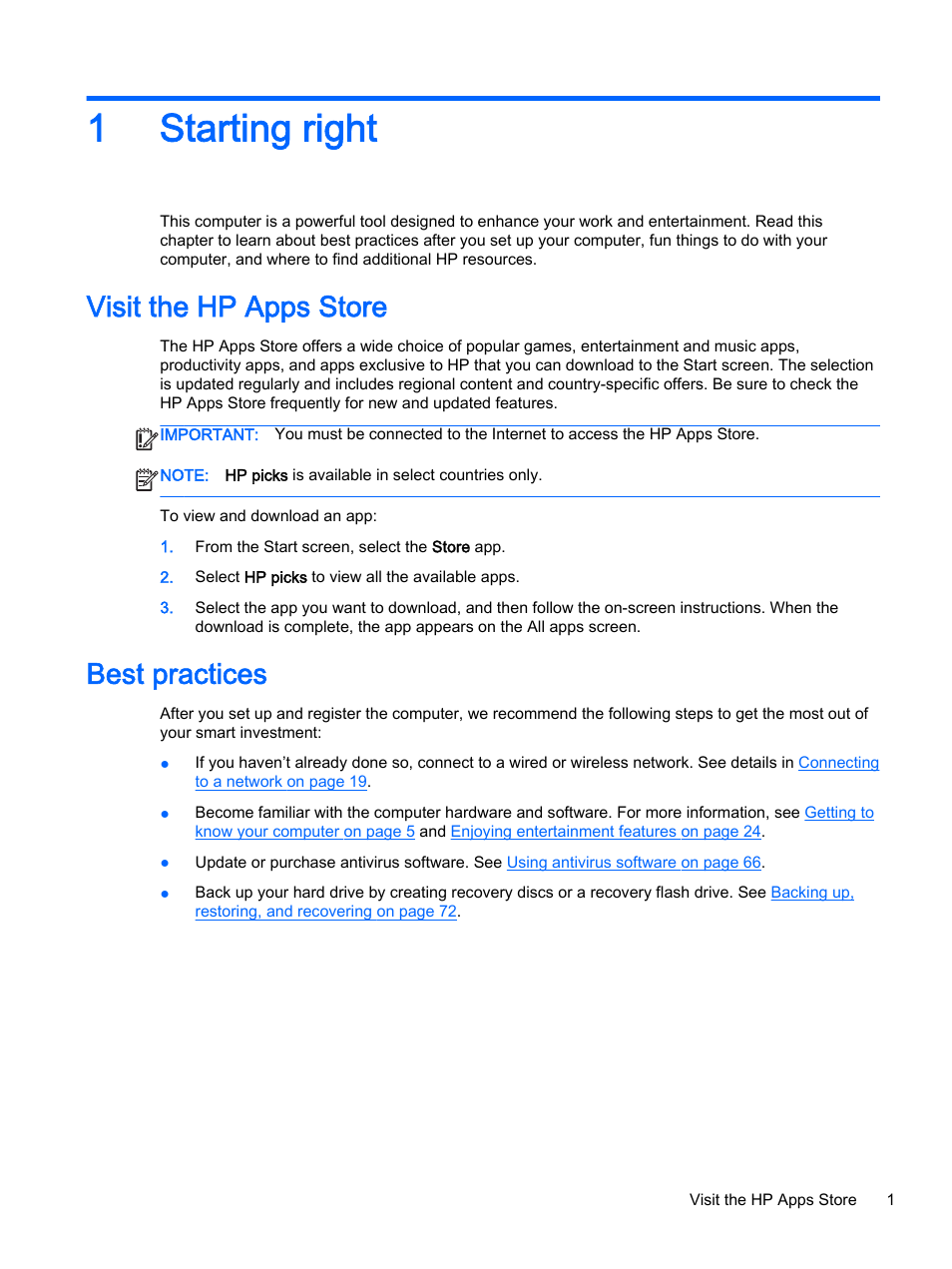 Starting right, Visit the hp apps store, Best practices | 1 starting right, Visit the hp apps store best practices, 1starting right | HP ENVY 15t-k000 CTO Notebook PC User Manual | Page 13 / 93