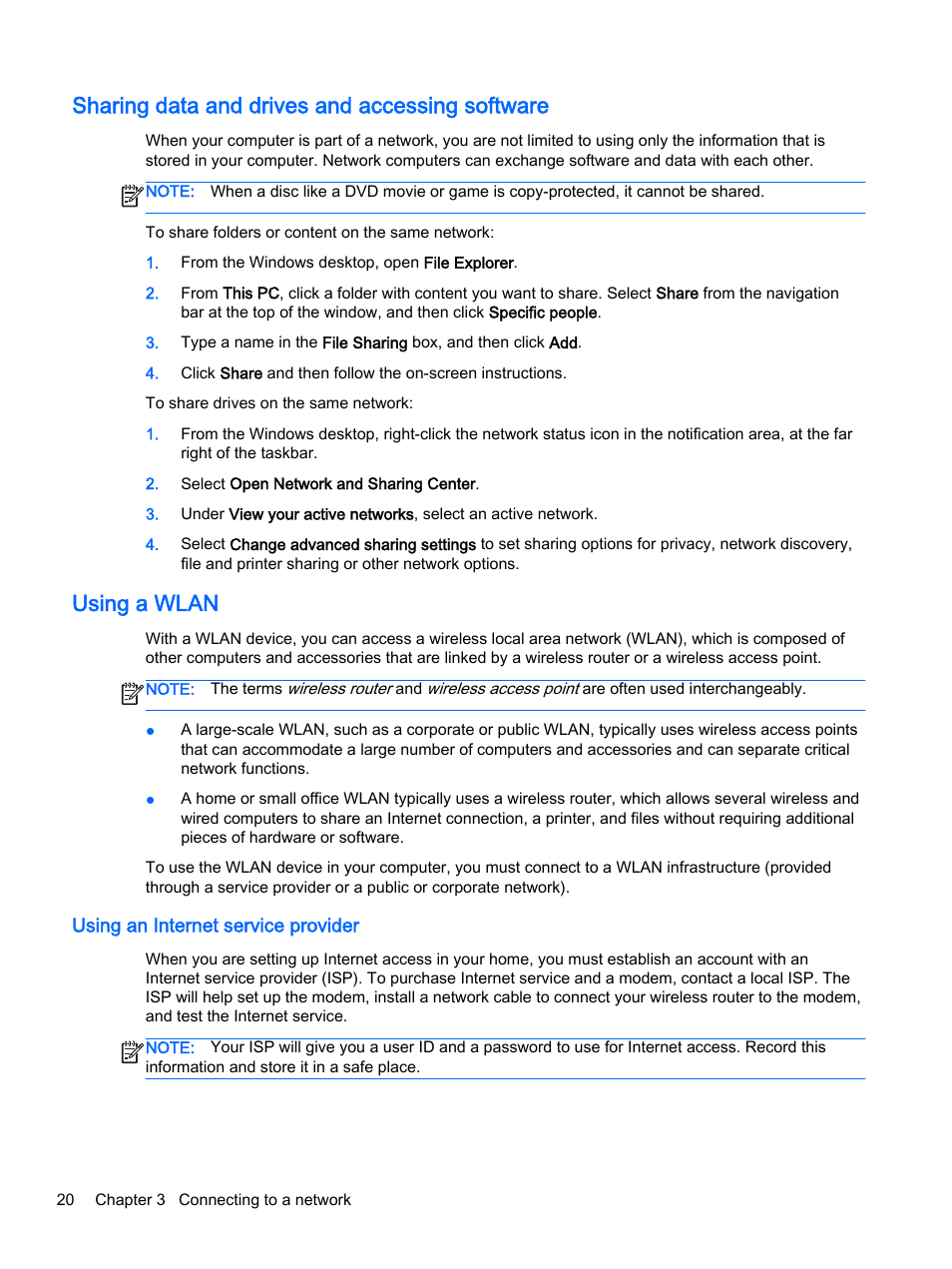 Sharing data and drives and accessing software, Using a wlan, Using an internet service provider | HP ENVY 15t-k000 CTO Notebook PC User Manual | Page 32 / 93