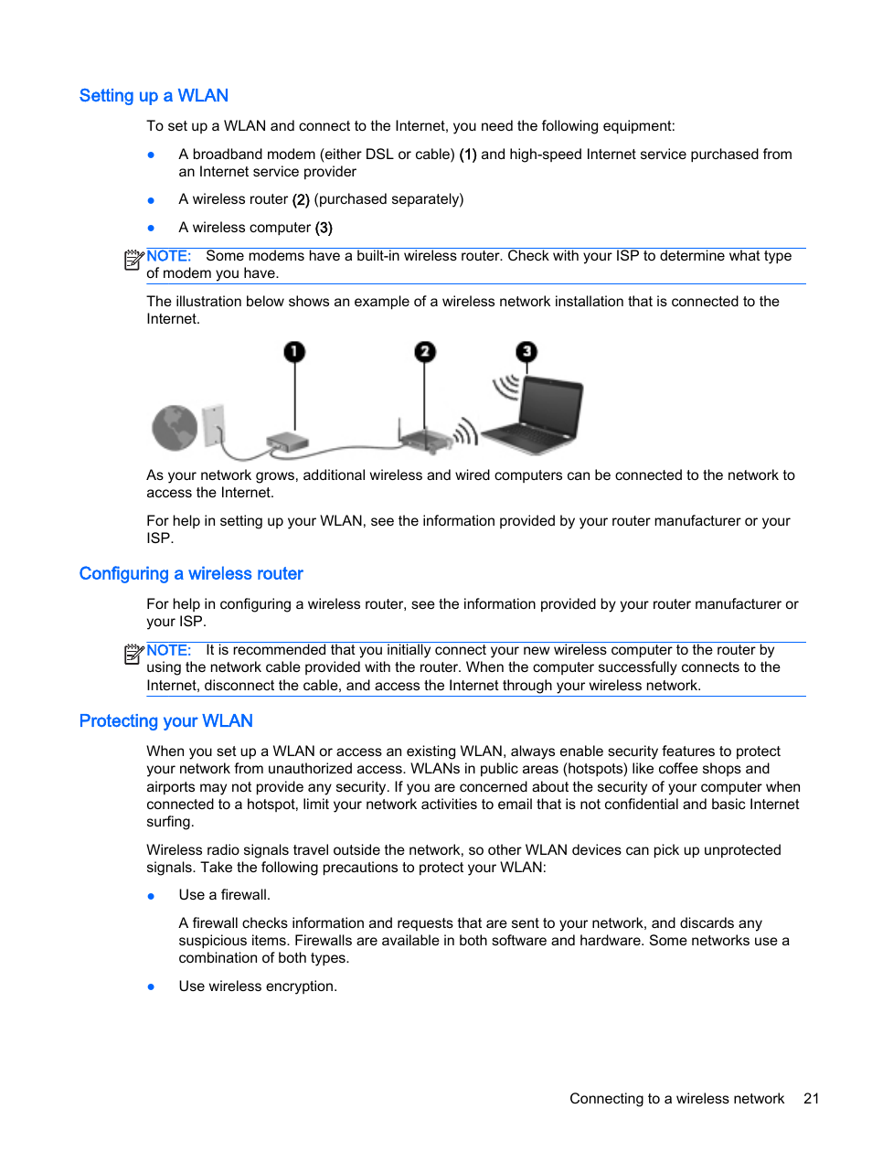 Setting up a wlan, Configuring a wireless router, Protecting your wlan | HP ENVY 15t-k000 CTO Notebook PC User Manual | Page 33 / 93