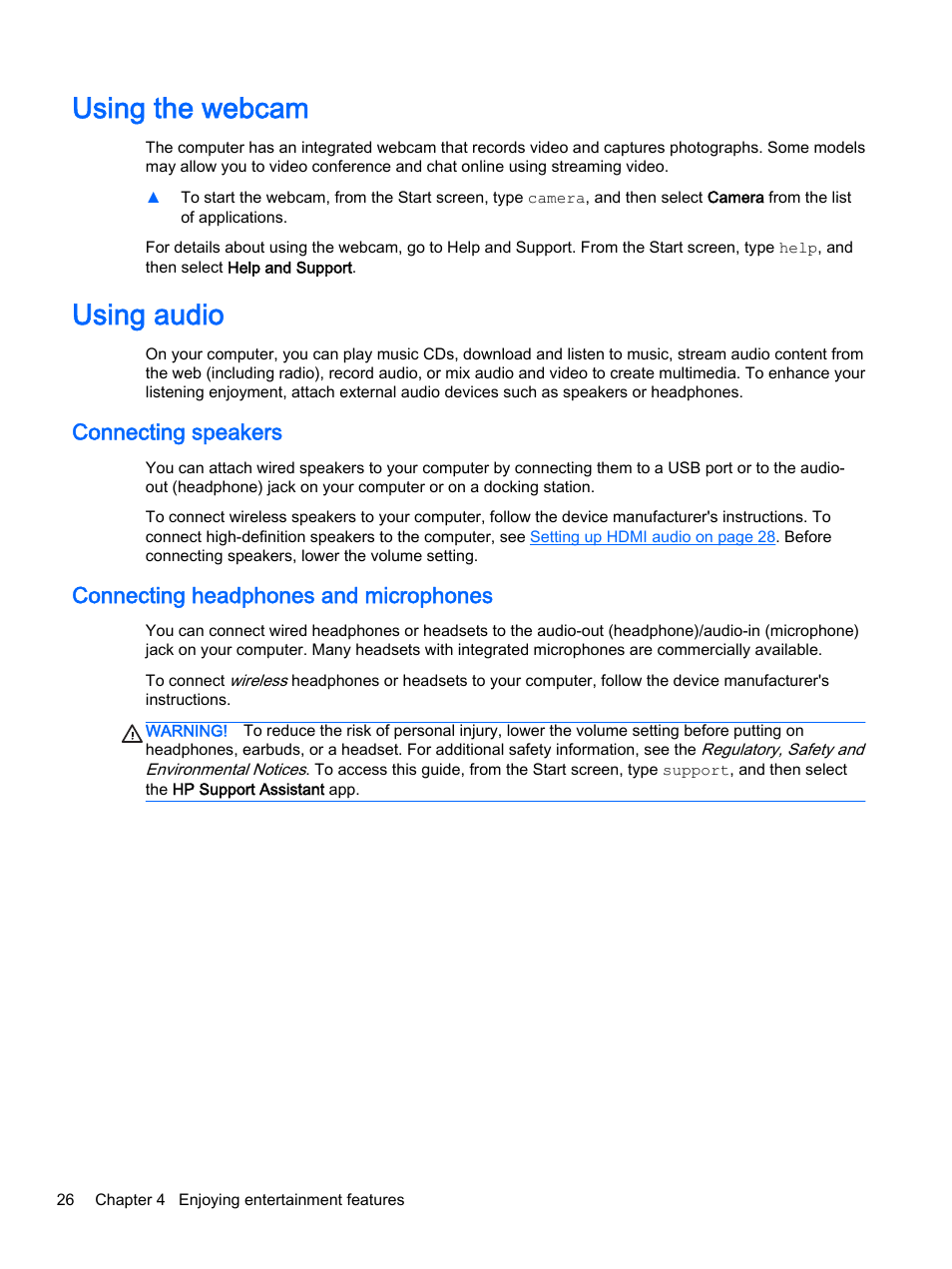 Using the webcam, Using audio, Connecting speakers | Connecting headphones and microphones, Using the webcam using audio | HP ENVY 15t-k000 CTO Notebook PC User Manual | Page 38 / 93