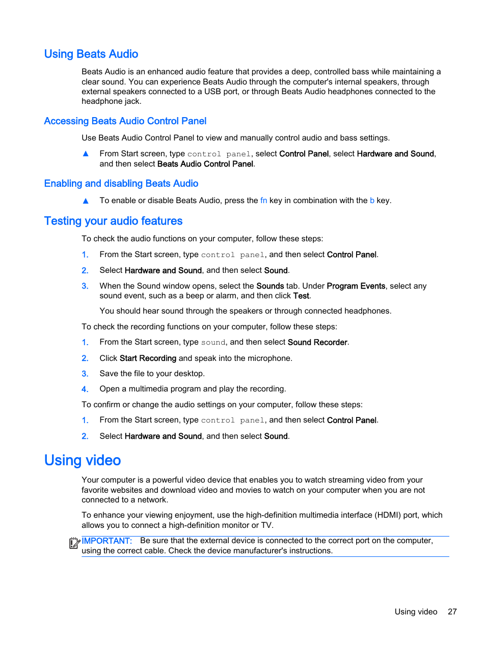 Using beats audio, Accessing beats audio control panel, Enabling and disabling beats audio | Testing your audio features, Using video | HP ENVY 15t-k000 CTO Notebook PC User Manual | Page 39 / 93