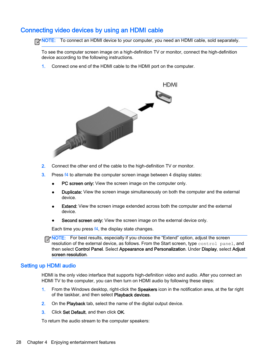 Connecting video devices by using an hdmi cable, Setting up hdmi audio, Connecting | HP ENVY 15t-k000 CTO Notebook PC User Manual | Page 40 / 93