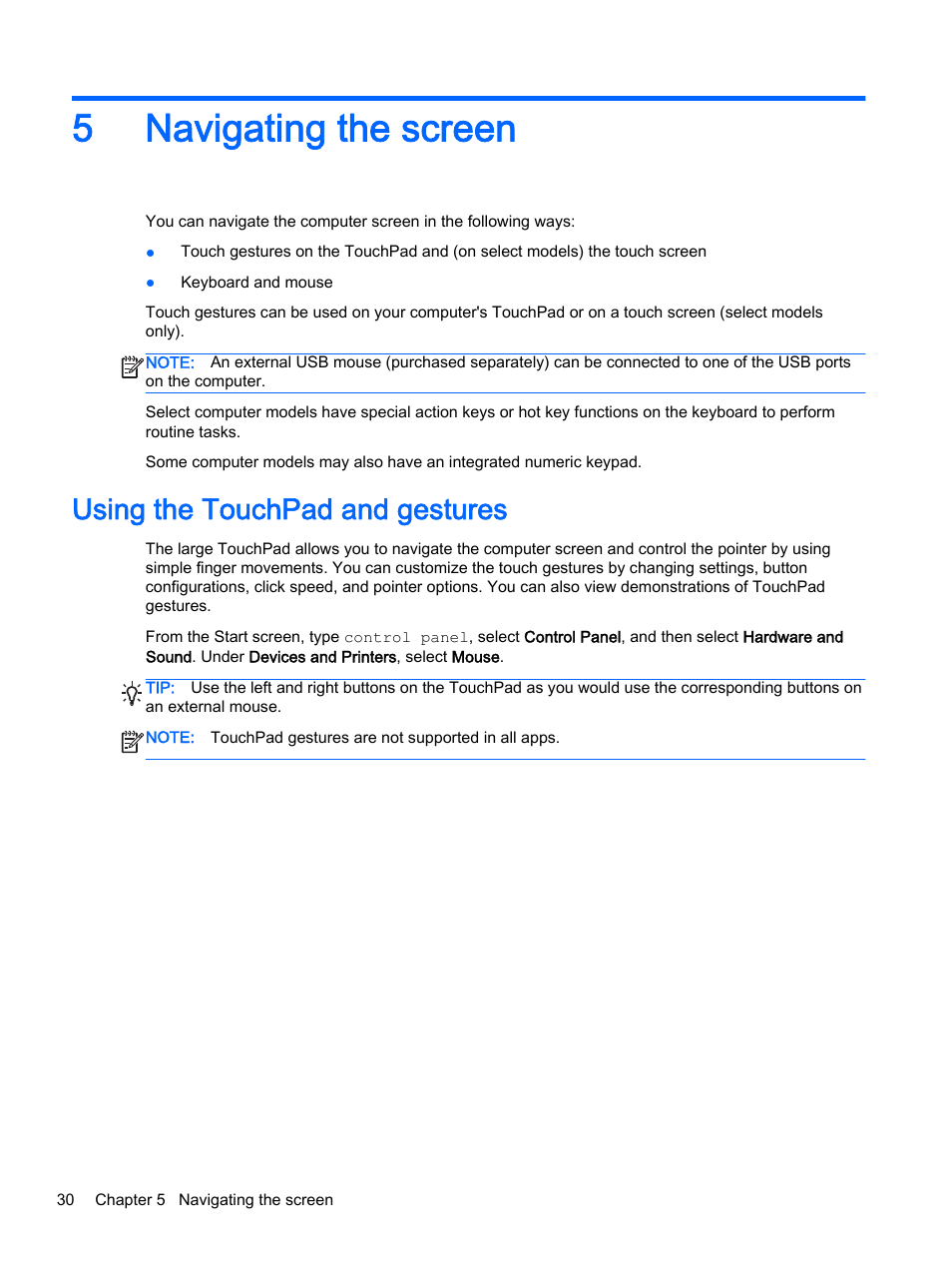 Navigating the screen, Using the touchpad and gestures, 5 navigating the screen | 5navigating the screen | HP ENVY 15t-k000 CTO Notebook PC User Manual | Page 42 / 93