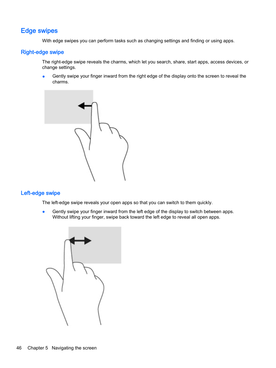 Edge swipes, Right-edge swipe, Left-edge swipe | Right-edge swipe left-edge swipe | HP ENVY 15t-k000 CTO Notebook PC User Manual | Page 58 / 93