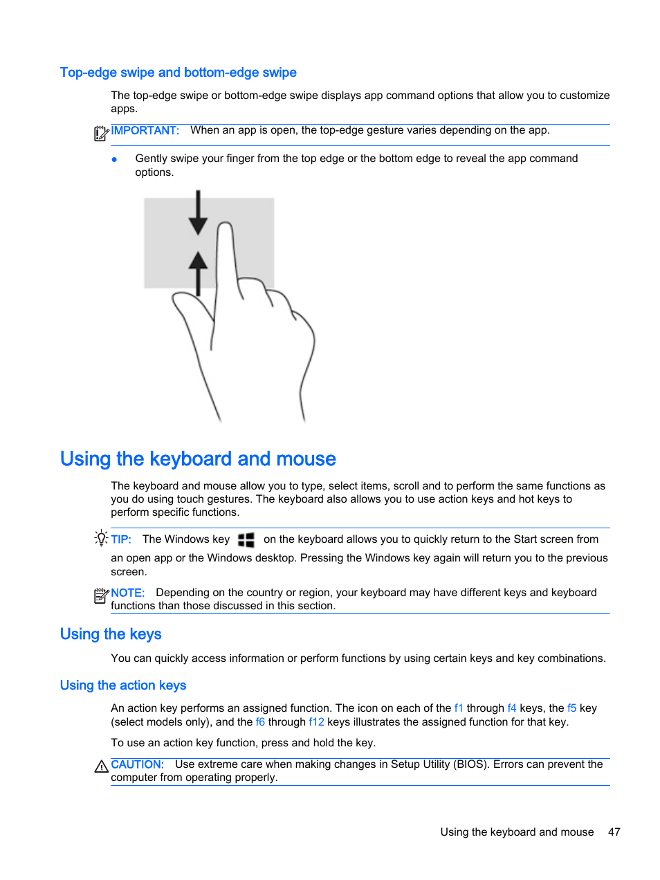 Top-edge swipe and bottom-edge swipe, Using the keyboard and mouse, Using the keys | Using the action keys | HP ENVY 15t-k000 CTO Notebook PC User Manual | Page 59 / 93