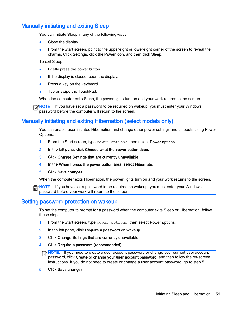 Manually initiating and exiting sleep, Setting password protection on wakeup, Manually | HP ENVY 15t-k000 CTO Notebook PC User Manual | Page 63 / 93