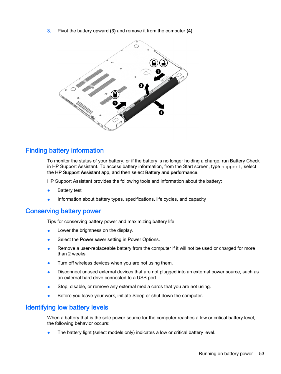 Finding battery information, Conserving battery power, Identifying low battery levels | HP ENVY 15t-k000 CTO Notebook PC User Manual | Page 65 / 93