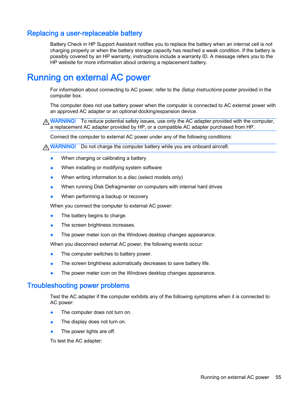 Replacing a user-replaceable battery, Running on external ac power, Troubleshooting power problems | HP ENVY 15t-k000 CTO Notebook PC User Manual | Page 67 / 93