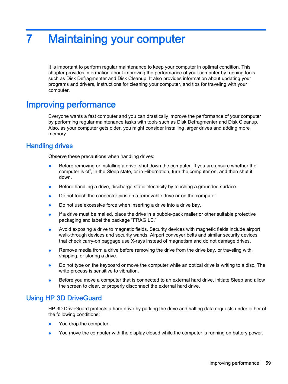 Maintaining your computer, Improving performance, Handling drives | Using hp 3d driveguard, 7 maintaining your computer, Handling drives using hp 3d driveguard, 7maintaining your computer | HP ENVY 15t-k000 CTO Notebook PC User Manual | Page 71 / 93