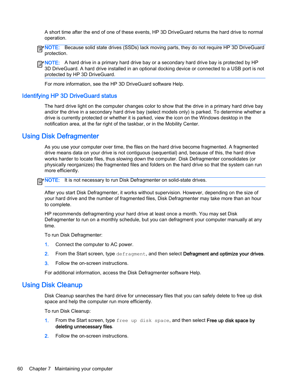 Identifying hp 3d driveguard status, Using disk defragmenter, Using disk cleanup | Using disk defragmenter using disk cleanup | HP ENVY 15t-k000 CTO Notebook PC User Manual | Page 72 / 93
