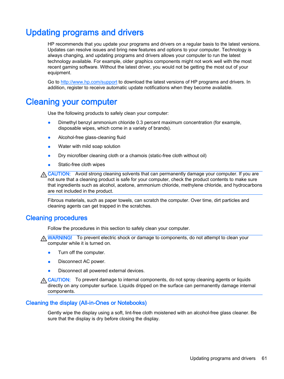 Updating programs and drivers, Cleaning your computer, Cleaning procedures | Cleaning the display (all-in-ones or notebooks) | HP ENVY 15t-k000 CTO Notebook PC User Manual | Page 73 / 93