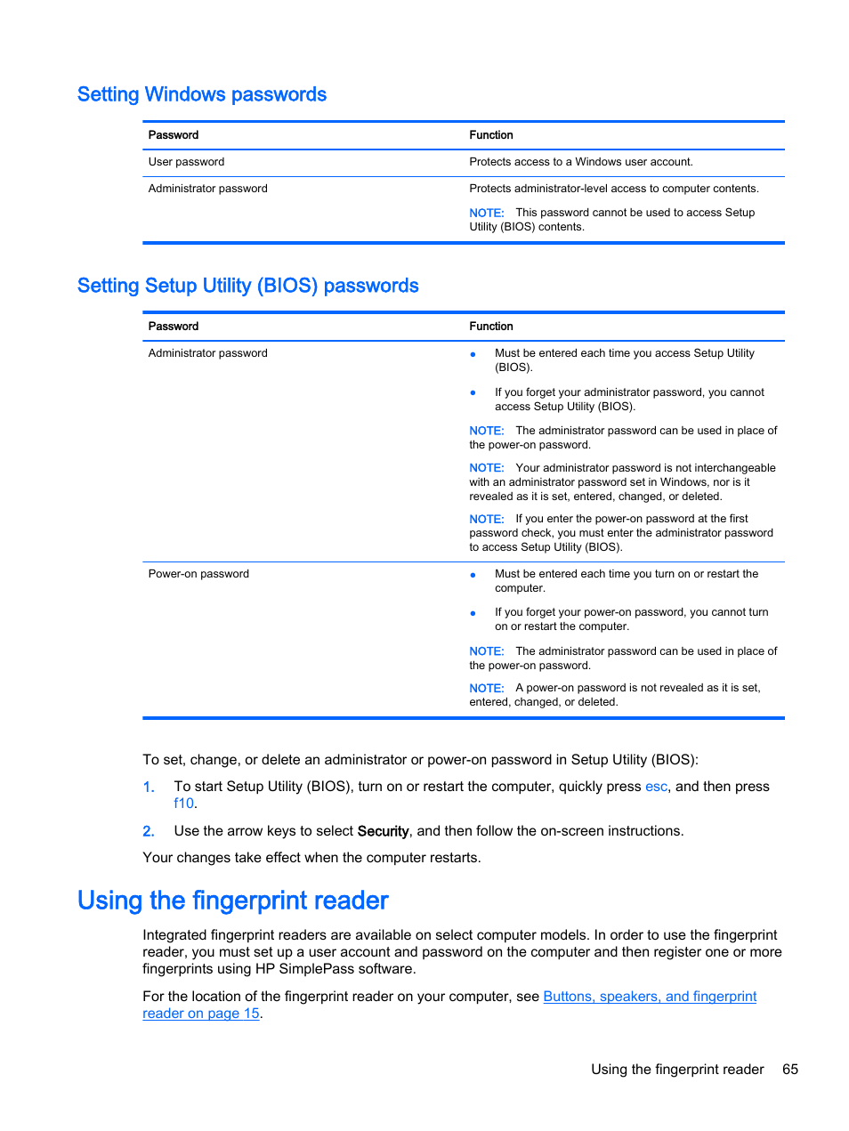 Setting windows passwords, Setting setup utility (bios) passwords, Using the fingerprint reader | HP ENVY 15t-k000 CTO Notebook PC User Manual | Page 77 / 93