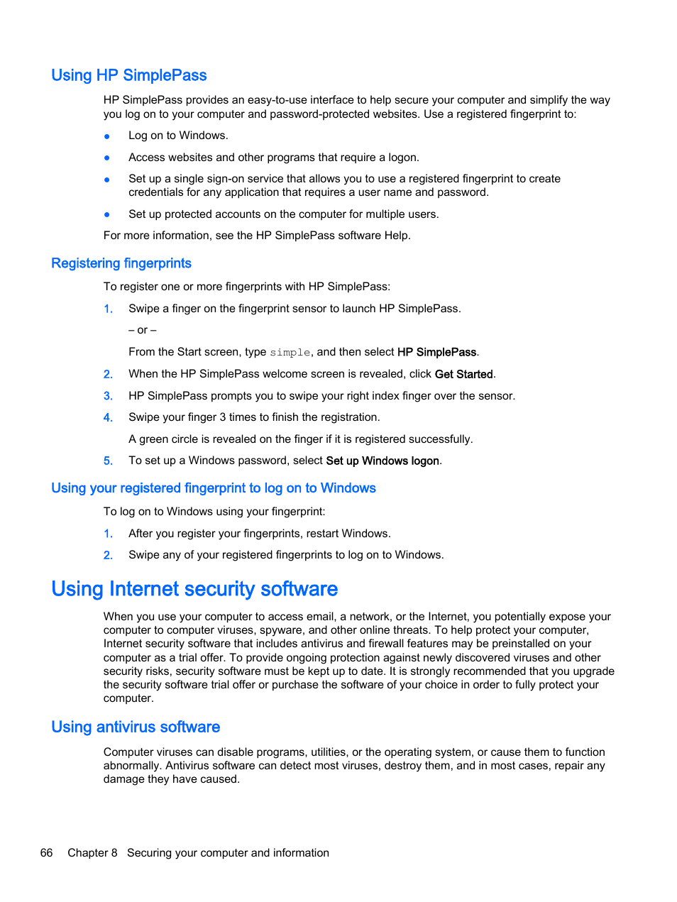 Using hp simplepass, Registering fingerprints, Using internet security software | Using antivirus software | HP ENVY 15t-k000 CTO Notebook PC User Manual | Page 78 / 93