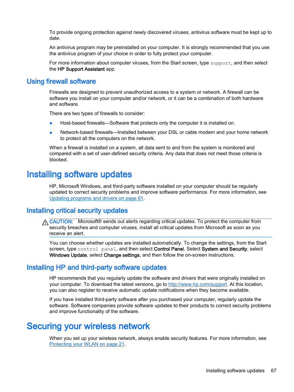 Using firewall software, Installing software updates, Installing critical security updates | Installing hp and third-party software updates, Securing your wireless network | HP ENVY 15t-k000 CTO Notebook PC User Manual | Page 79 / 93