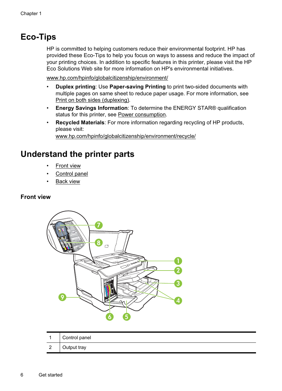 Eco-tips, Understand the printer parts, Front view | Eco-tips understand the printer parts, Front view control panel back view | HP Officejet Pro 8000 - A811 User Manual | Page 10 / 110