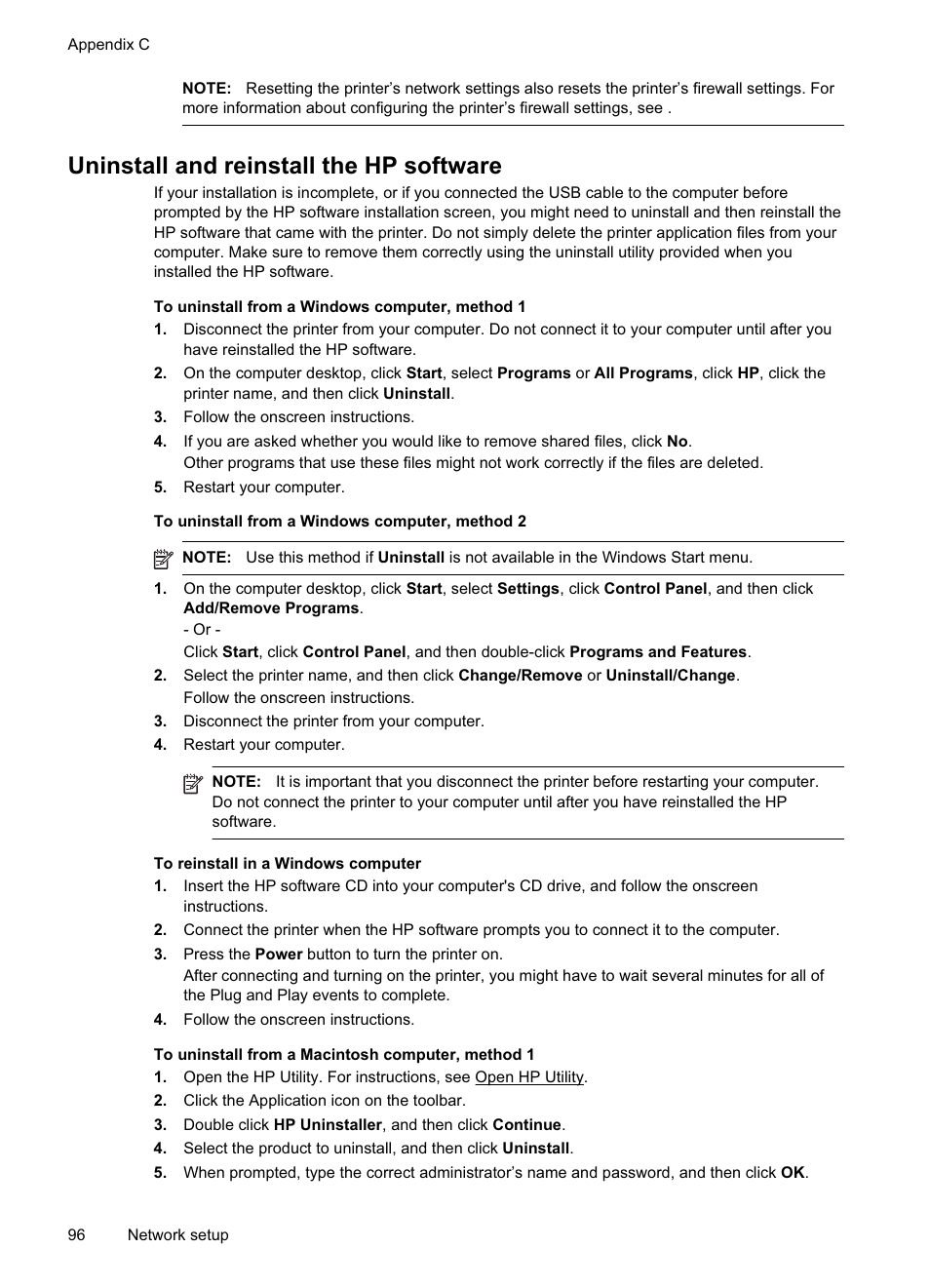 Uninstall and reinstall the hp software | HP Officejet Pro 8000 - A811 User Manual | Page 100 / 110