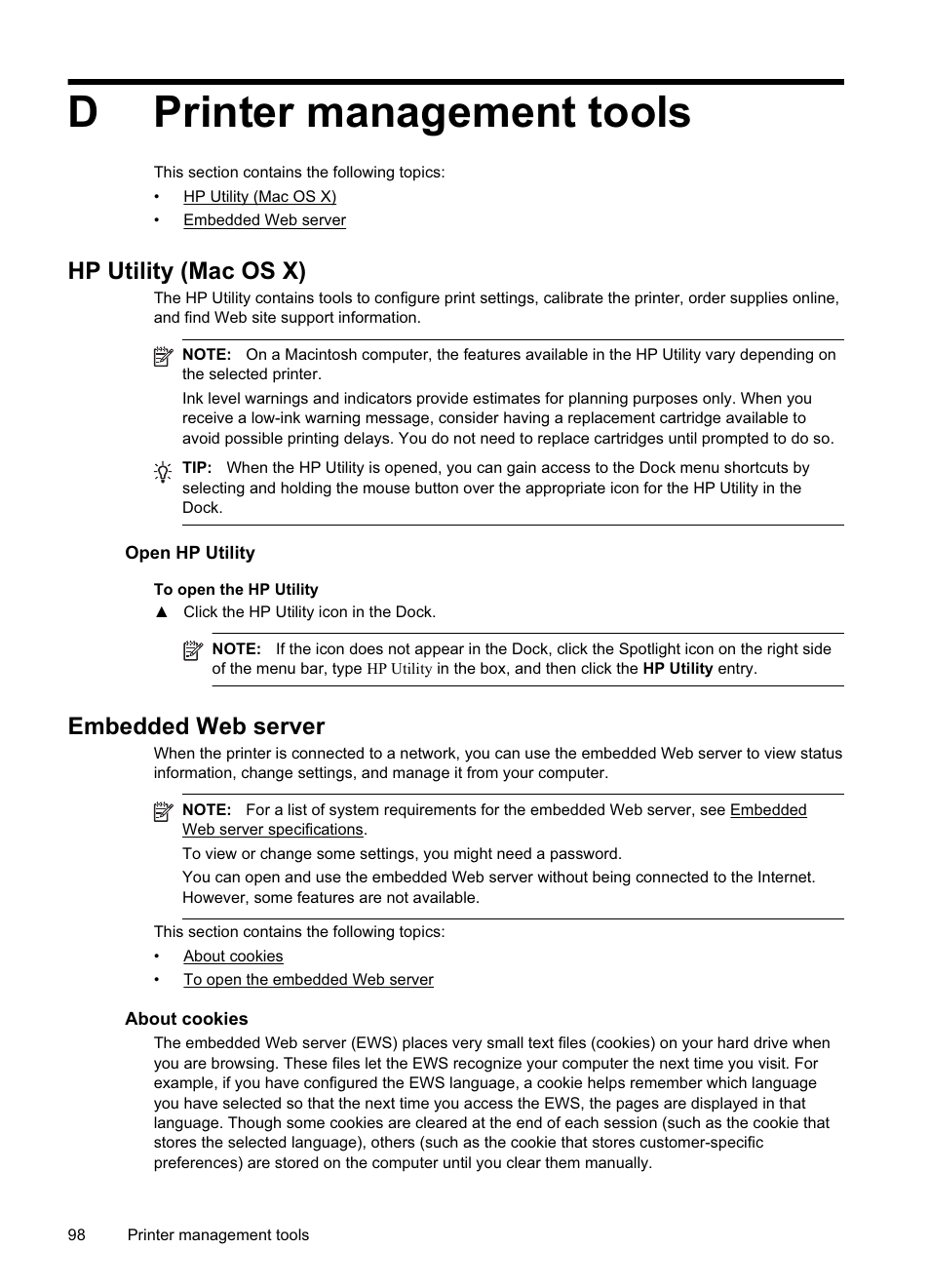 Printer management tools, Hp utility (mac os x), Embedded web server | About cookies, About cookies to open the embedded web server, See printer management tools, E embedded web server, Dprinter management tools | HP Officejet Pro 8000 - A811 User Manual | Page 102 / 110