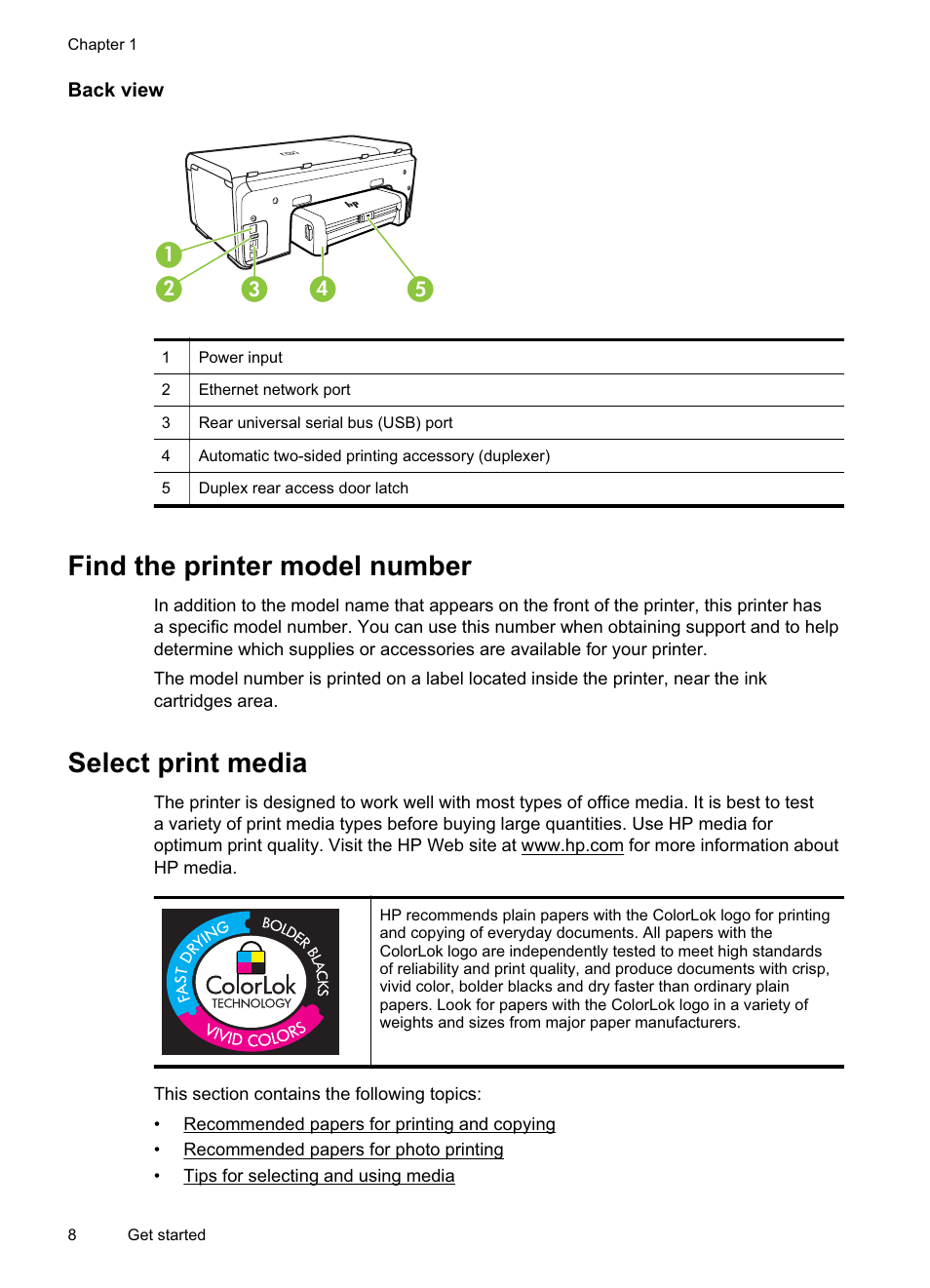 Back view, Find the printer model number, Select print media | Find the printer model number select print media | HP Officejet Pro 8000 - A811 User Manual | Page 12 / 110