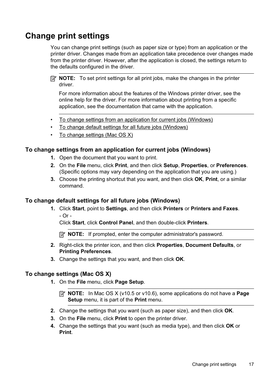Change print settings, To change settings (mac os x) | HP Officejet Pro 8000 - A811 User Manual | Page 21 / 110