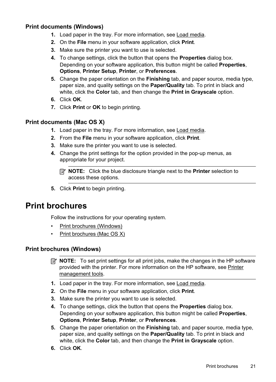 Print documents (windows), Print documents (mac os x), Print brochures | Print brochures (windows) | HP Officejet Pro 8000 - A811 User Manual | Page 25 / 110