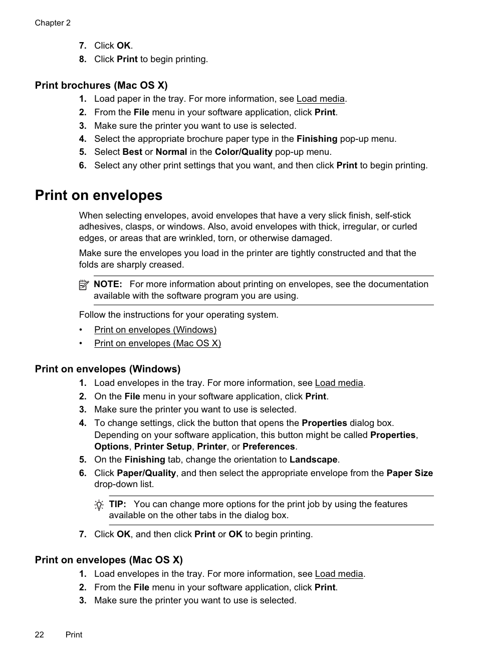 Print brochures (mac os x), Print on envelopes, Print on envelopes (windows) | Print on envelopes (mac os x) | HP Officejet Pro 8000 - A811 User Manual | Page 26 / 110