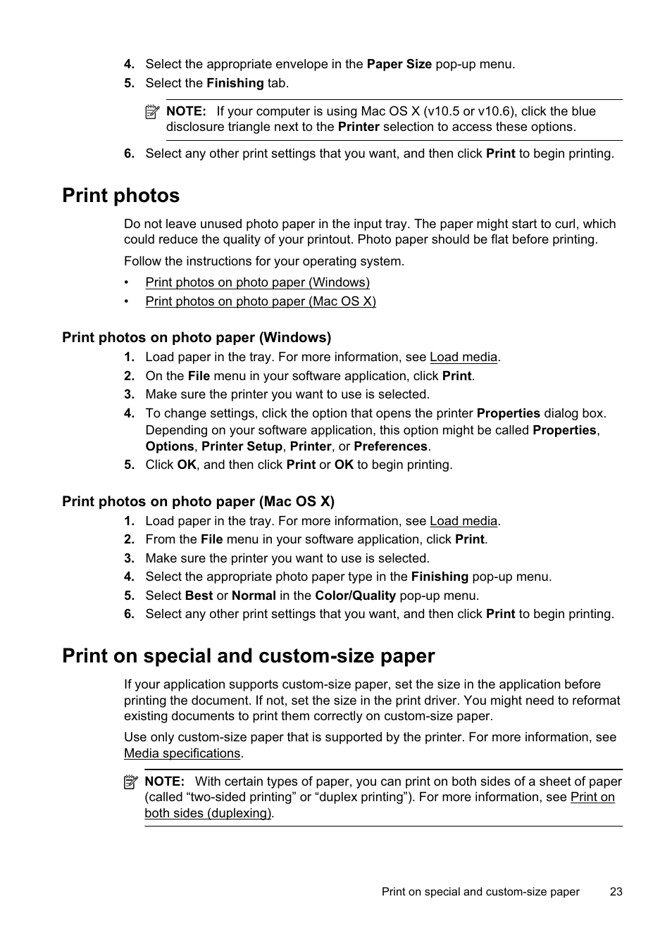 Print photos, Print photos on photo paper (windows), Print photos on photo paper (mac os x) | Print on special and custom-size paper, Print on special or custom-size paper (mac os x) | HP Officejet Pro 8000 - A811 User Manual | Page 27 / 110